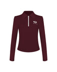 Deep red long-sleeve zip-collar polo top with a subtle printed logo, featuring a fitted silhouette for a sleek, sporty look.
