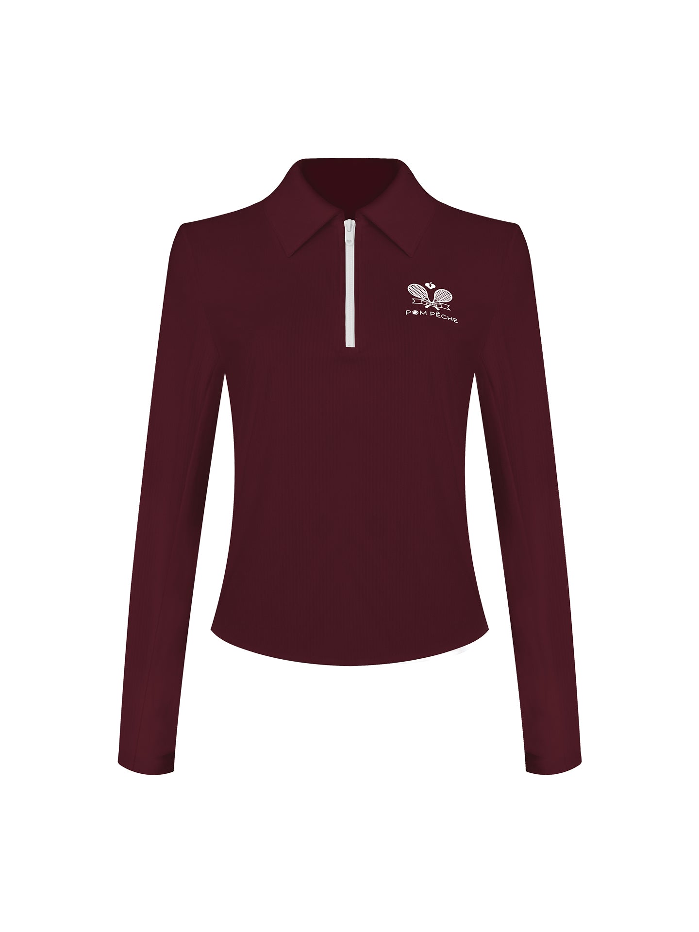 Deep red long-sleeve zip-collar polo top with a subtle printed logo, featuring a fitted silhouette for a sleek, sporty look.