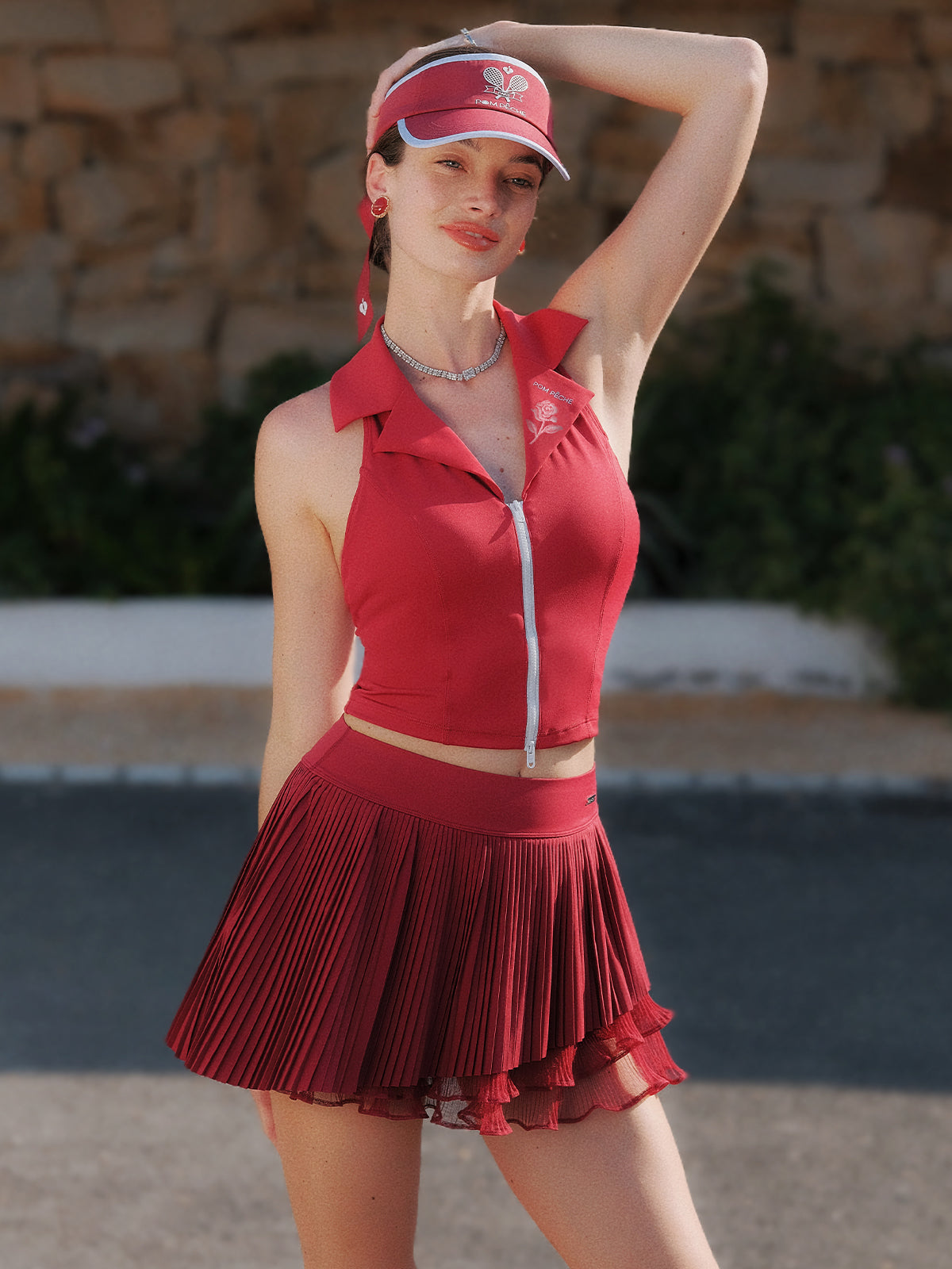 Wine Red Pleated Tennis Skirt - Layered Design