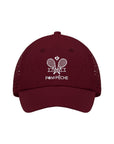 Wine red tennis cap with embroidered logo and adjustable ribbon on the back strap.
