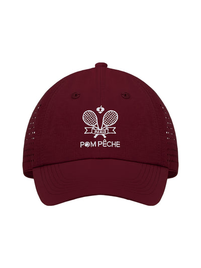 Wine red tennis cap with embroidered logo and adjustable ribbon on the back strap.