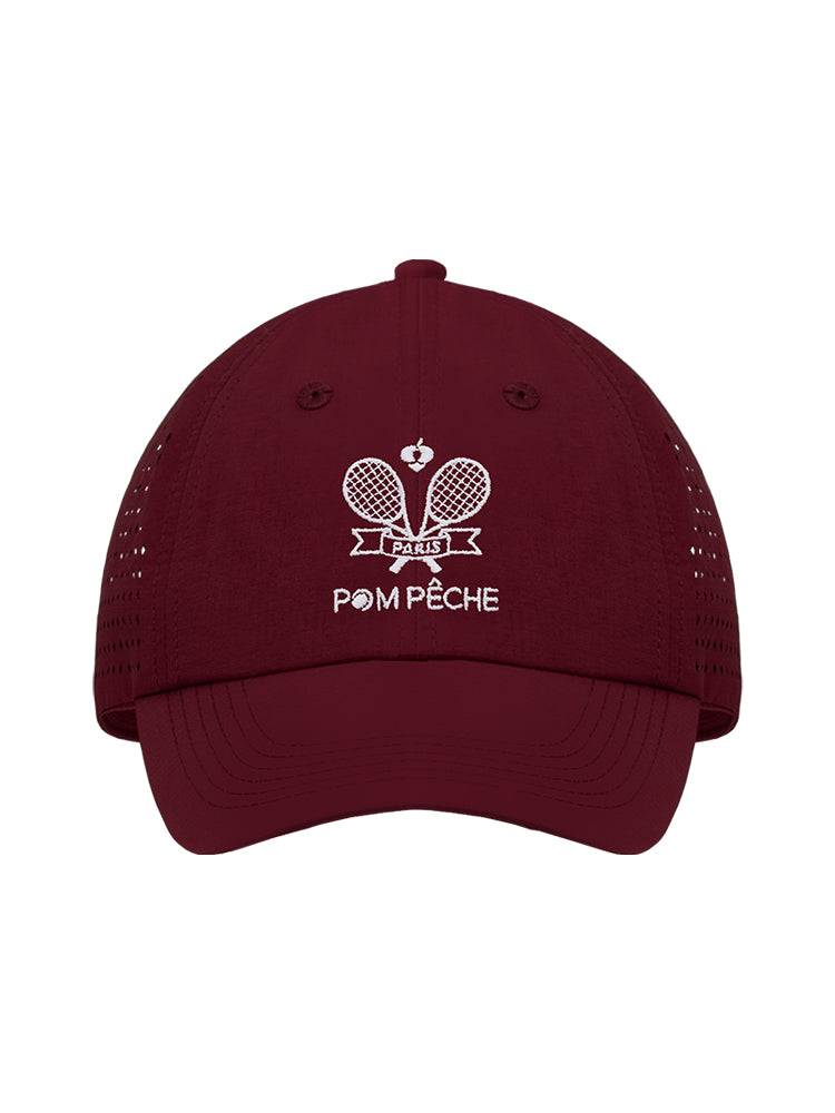 Wine red tennis cap with embroidered logo and adjustable ribbon on the back strap.
