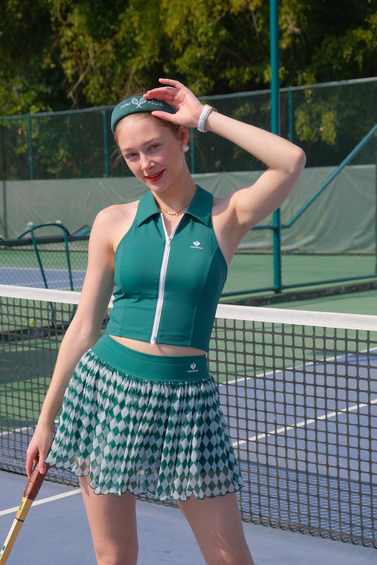 ZINNIA Mesh Green and White Checkered Print Tennis Skirt