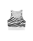 White sports bra with printed zebra pattern, designed for comfort and style during active sports.