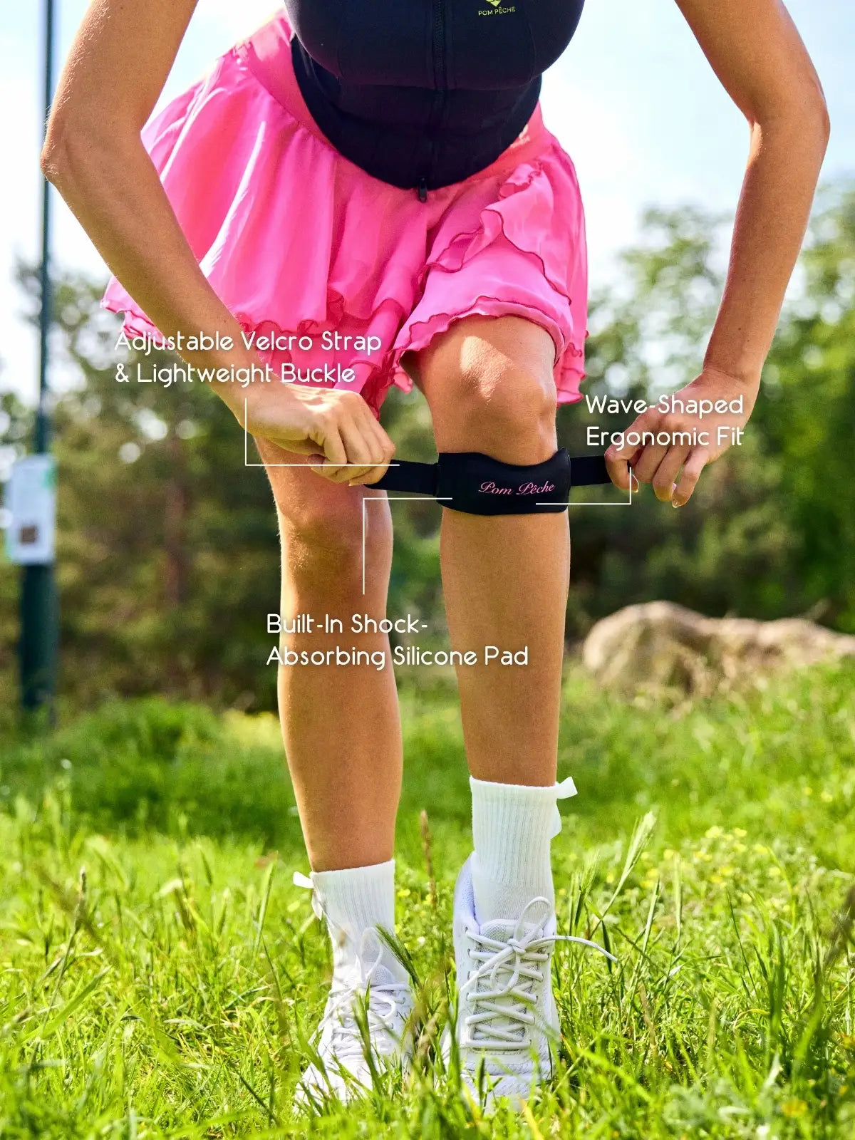 Adjustable Patella Support Strap detail, featuring ergonomic curved design and integrated silicone padding for targeted knee support and stability