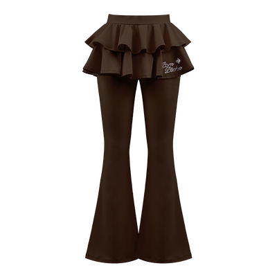 Ruffle Skirted Flared Tennis Pants - Coffee Brown