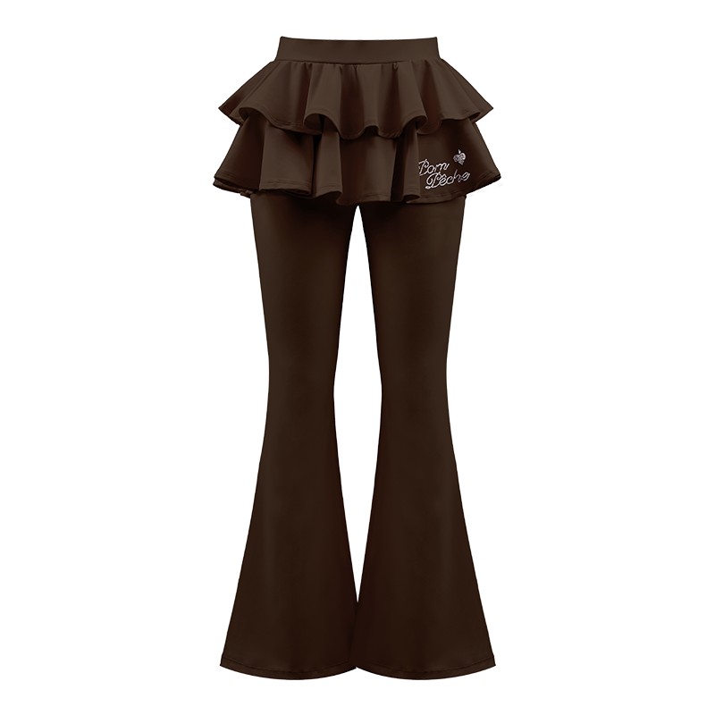 Ruffle Skirted Flared Tennis Pants - Coffee Brown