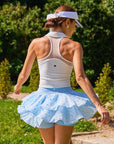 Betty Boop Cake Skirt Paris Blue back view in motion, showcasing flowy tiered ruffle design, built-in shorts for secure movement, and lightweight polka dot mesh tennis skort