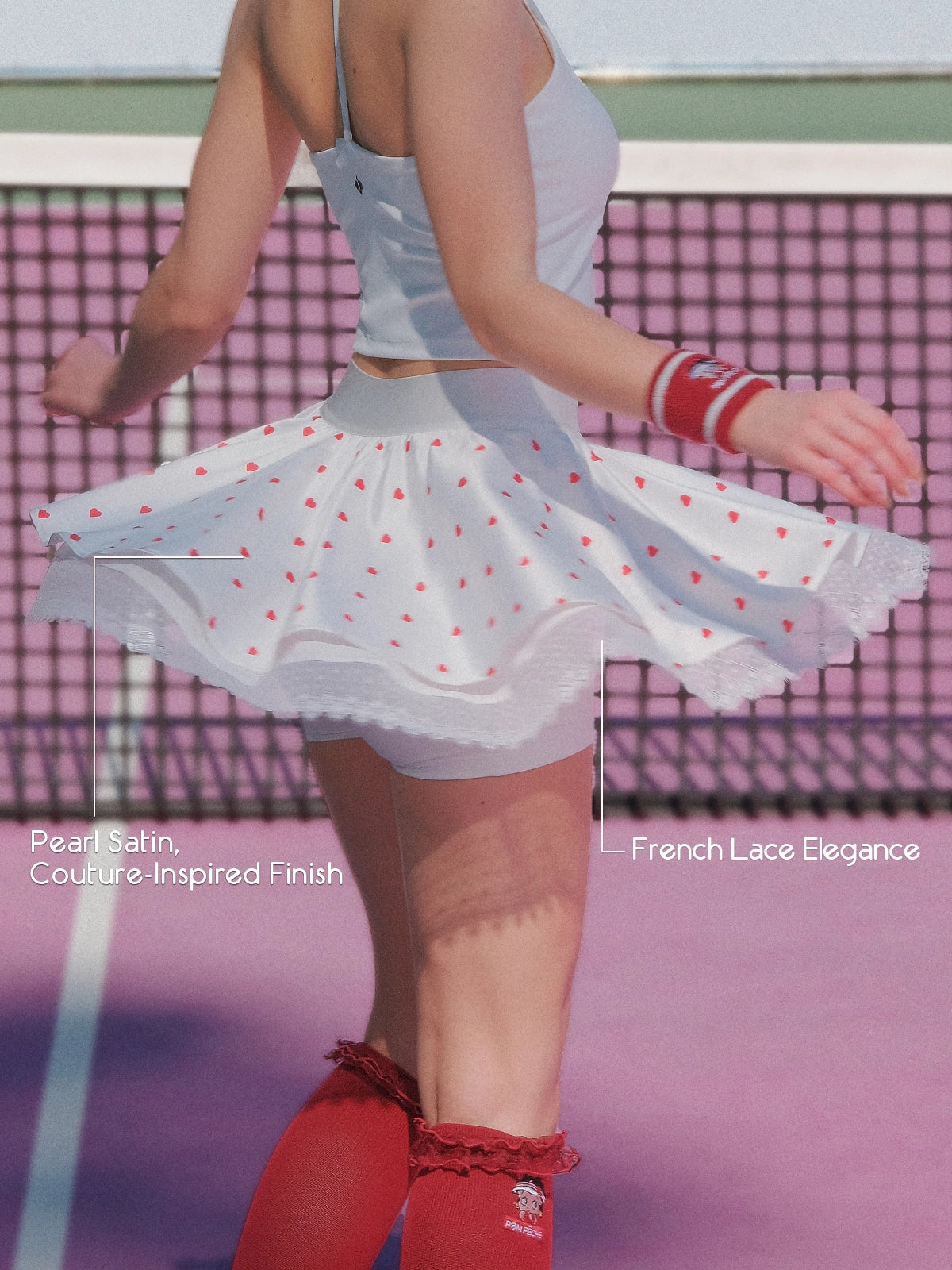 Women's Tennis Skirt with Pearl Satin Finish & French Lace Hem – Betty Boop™ Heart Print Sports Skirt