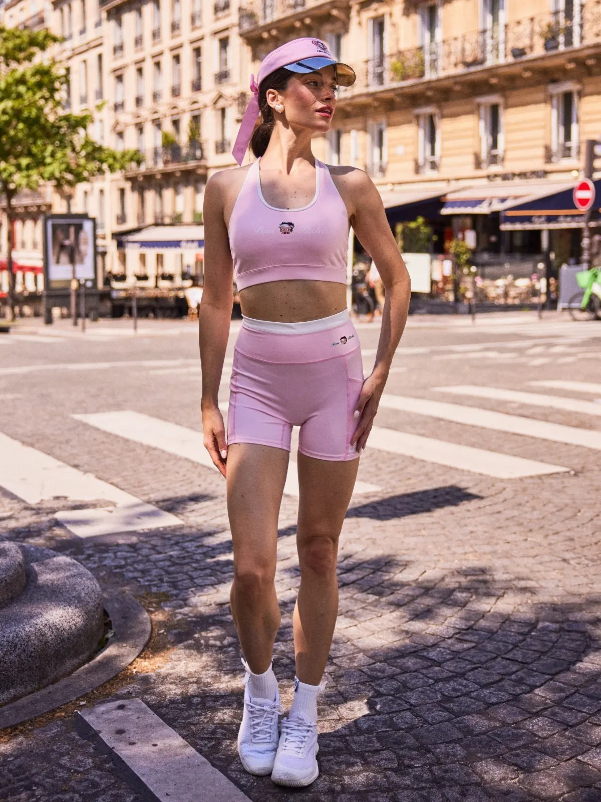 Betty Boop High Waisted Running Shorts Pink lifestyle outfit, showcasing women's activewear styling, sporty retro look, and versatile running shorts for training and casual wear