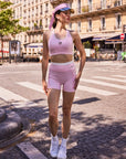 Betty Boop High Waisted Running Shorts Pink lifestyle outfit, showcasing women's activewear styling, sporty retro look, and versatile running shorts for training and casual wear