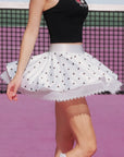 Betty Boop Spin™ Heart Dot Lace Tennis Skirt in White/Black – High Waist Asymmetrical Satin Skirt by Pom Pêche