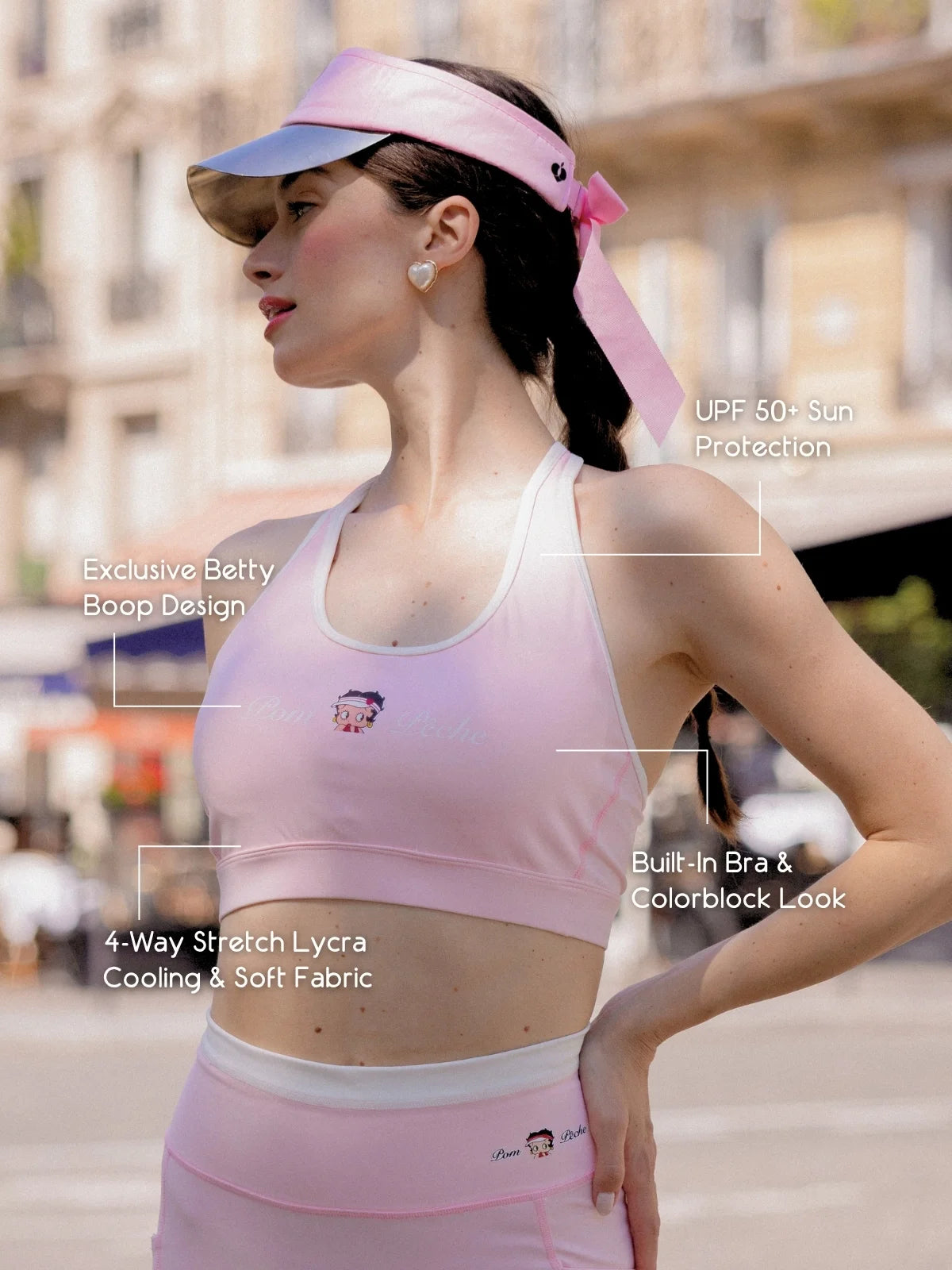 Betty Boop Mesh Back Tank Top Pink front detail, featuring Betty Boop logo, UPF 50+ sun protection, cooling stretch fabric, and comfortable tennis activewear design