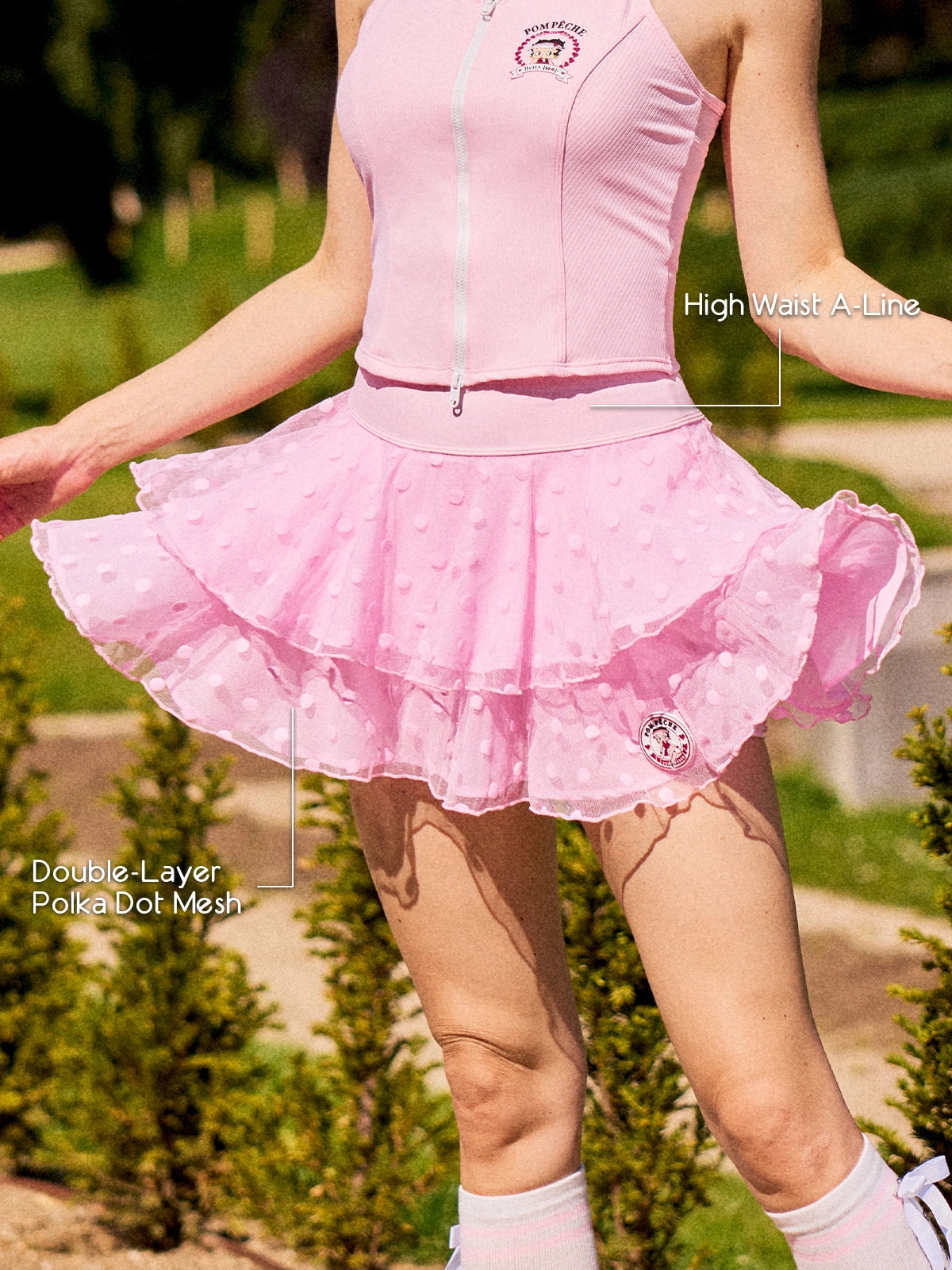 Polka Dot Chiffon Tennis Skirt Detail – Lightweight Breathable Pleated Skirt, UPF 50+ Women's Activewear