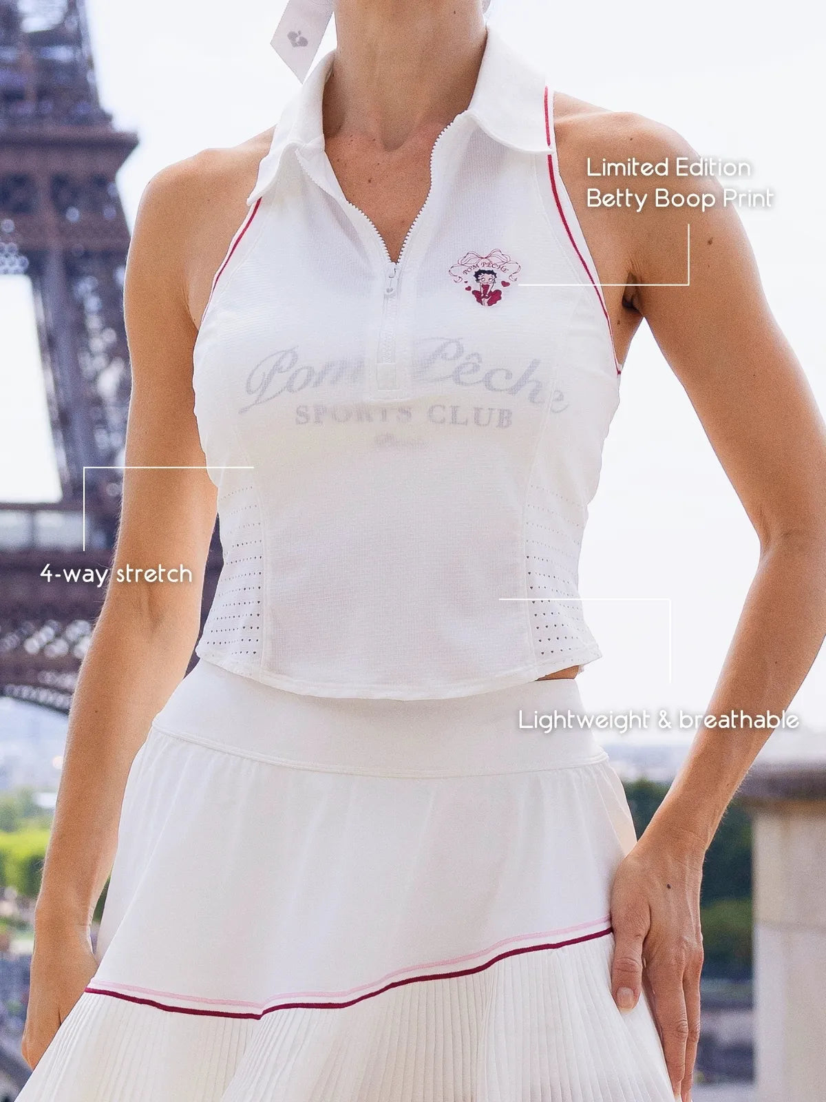 Betty Boop Poise Lighthearted Polo Tank close-up detail, showcasing half zip polo design, stylish fit, and versatile sporty chic outfit pairing