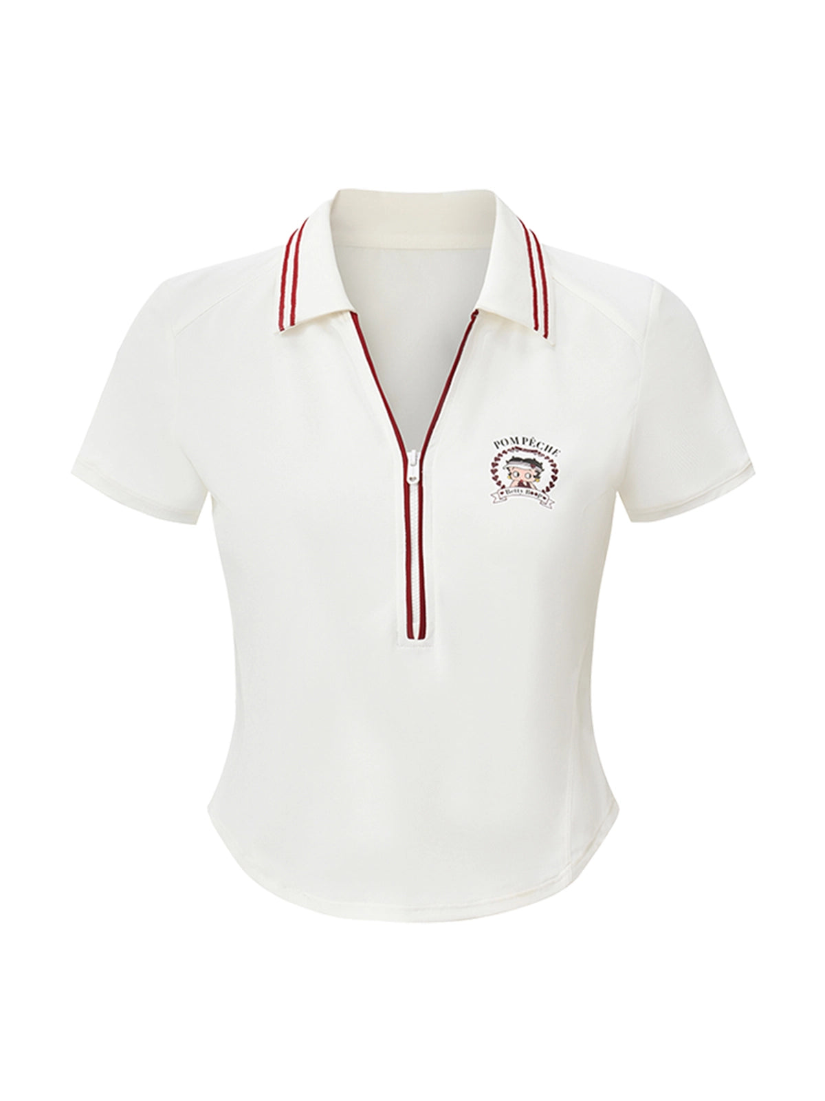 Betty Boop Poise™ V-Neck Polo Top white flat lay – contrast burgundy collar trim, half-zip closure, Betty Boop collegiate crest on chest