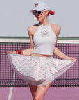 Betty Boop Spin™ Heart Dot Lace Skirt in White and Red, asymmetrical satin tennis skirt with heart print