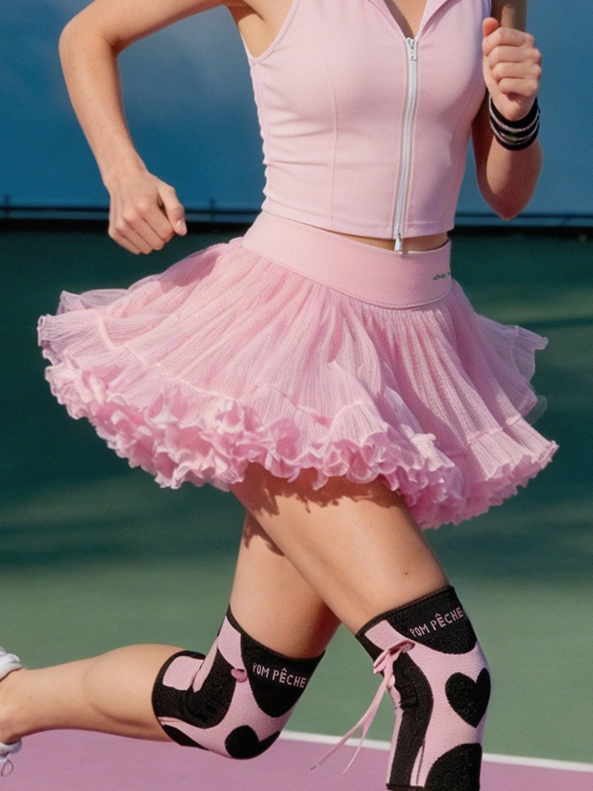 Betty Boop × Pom Pêche Spin™ Rose Ruffle Sports Skirt Macarons Pink – Women's Tulle Tennis Skirt for Running & Court Play, Styled with Pom Pêche Socks