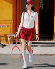 Betty Boop™ Half-Zip Tennis Pullover, street-to-court outfit with red skirt and tennis racket