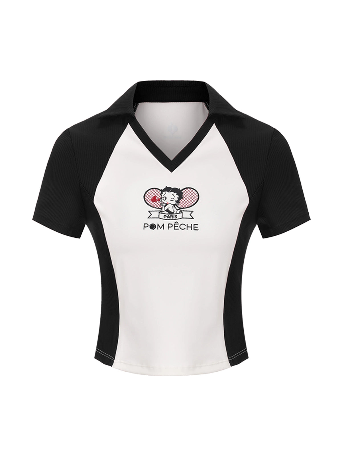 Betty Boop Tennis Tee White &amp; Paris Black – Women's Polo Collar Athletic Top, Pom Pêche