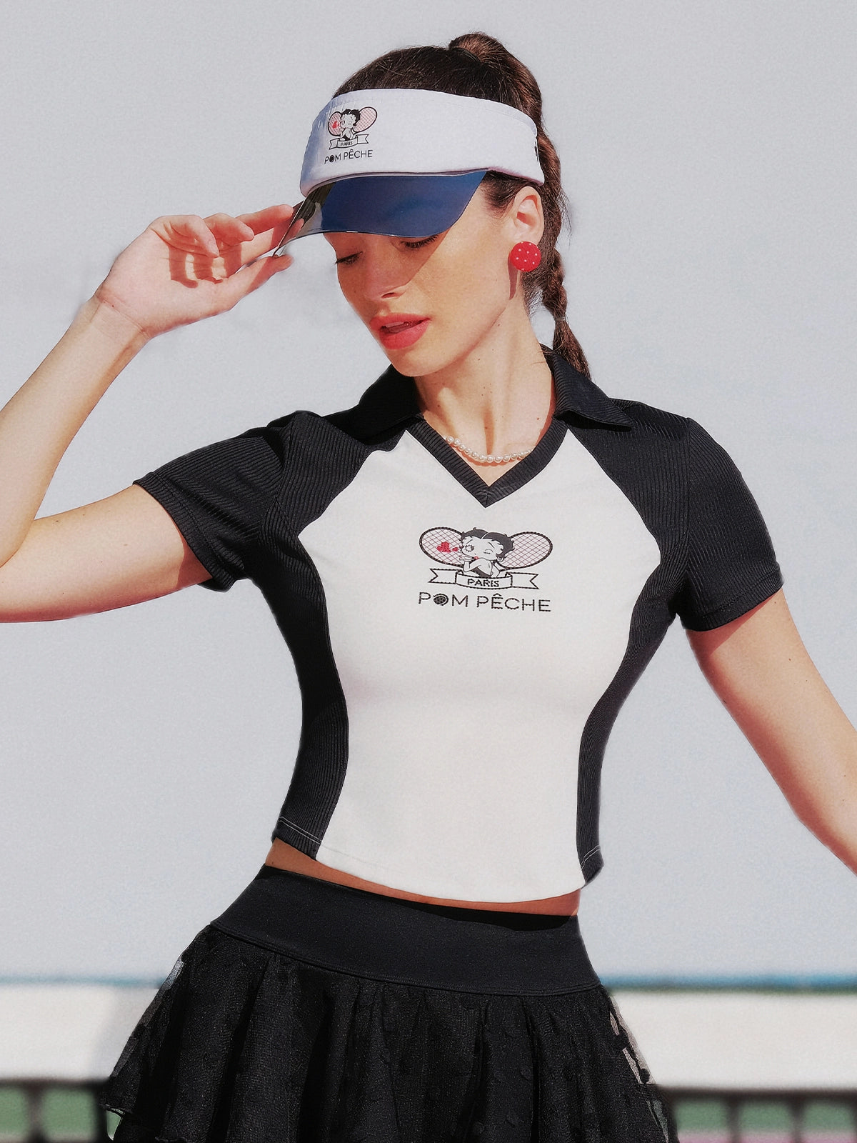Betty Boop™ Women's Tennis Top in White & Black – Fitted Polo Collar Activewear Tee for Court