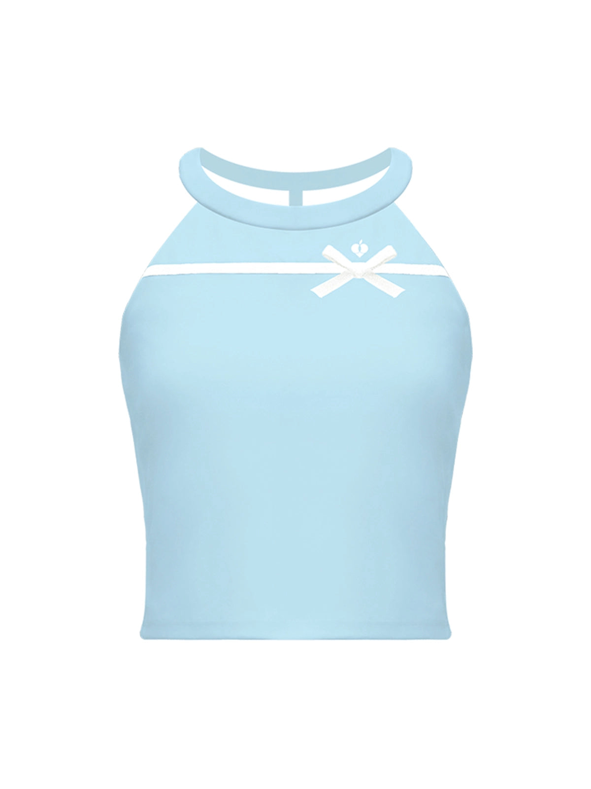 Blue Bow Halter Tennis Top flat lay, white background product shot showing contrast bow ribbon and halter neck detail
