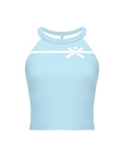 Blue Bow Halter Tennis Top flat lay, white background product shot showing contrast bow ribbon and halter neck detail