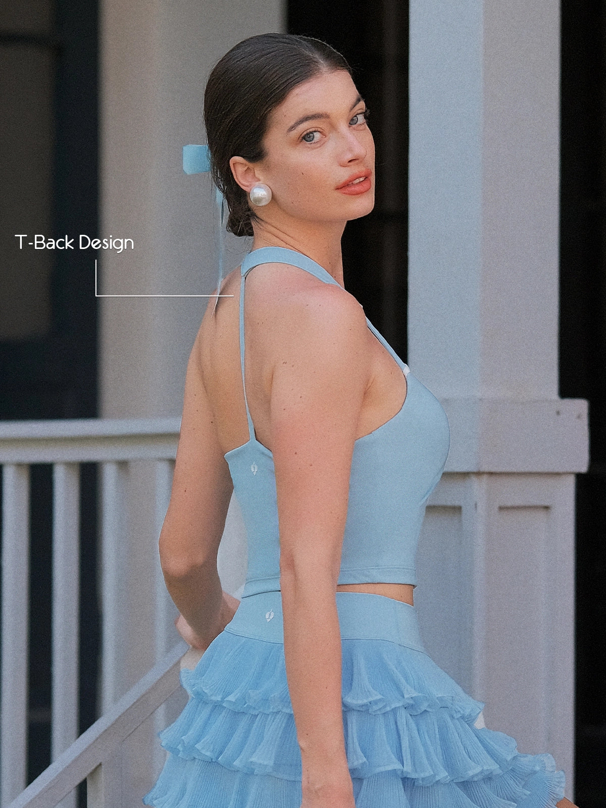 Blue Bow Halter Tennis Top T-back design detail, open back halter silhouette with built-in removable padding