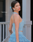 Blue Bow Halter Tennis Top T-back design detail, open back halter silhouette with built-in removable padding
