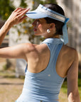 Breeze™ cooling visor in sky blue, model side view, wide brim face-framing fit.