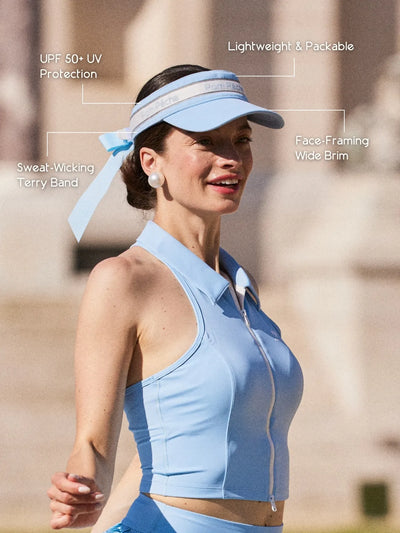 Breeze™ cooling visor side detail, sky blue, showing wide brim and sweat-wicking terry band.