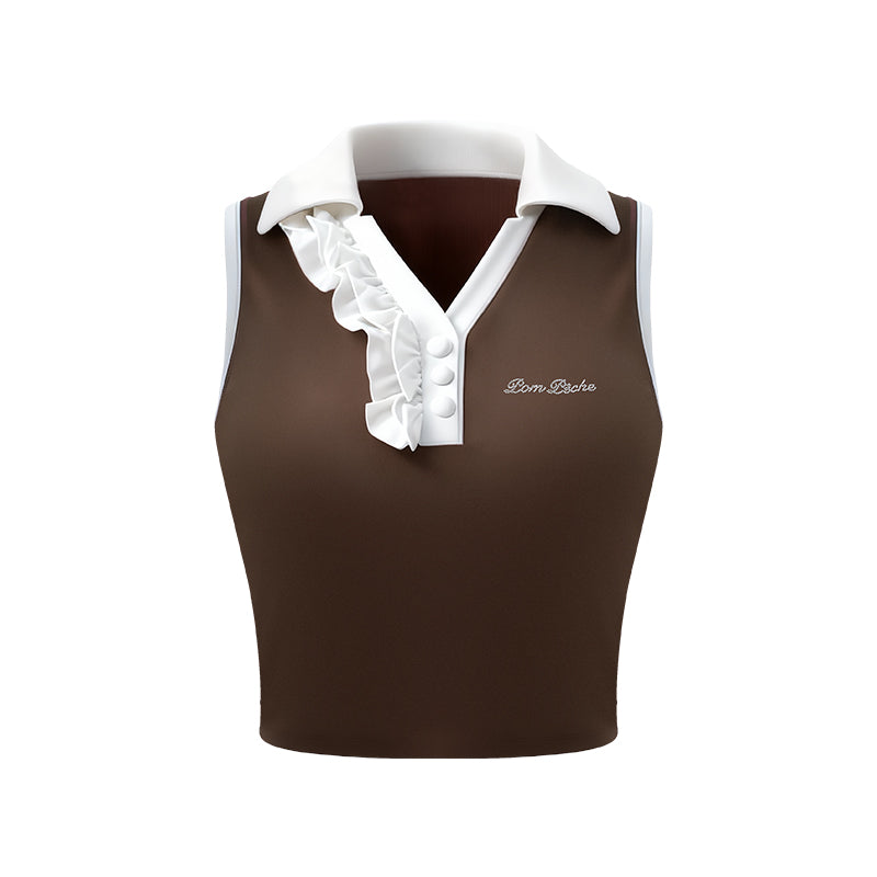 Sleeveless Ruffle Polo Crop Top - Coffee Brown