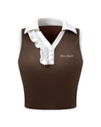 Sleeveless Ruffle Polo Crop Top - Coffee Brown