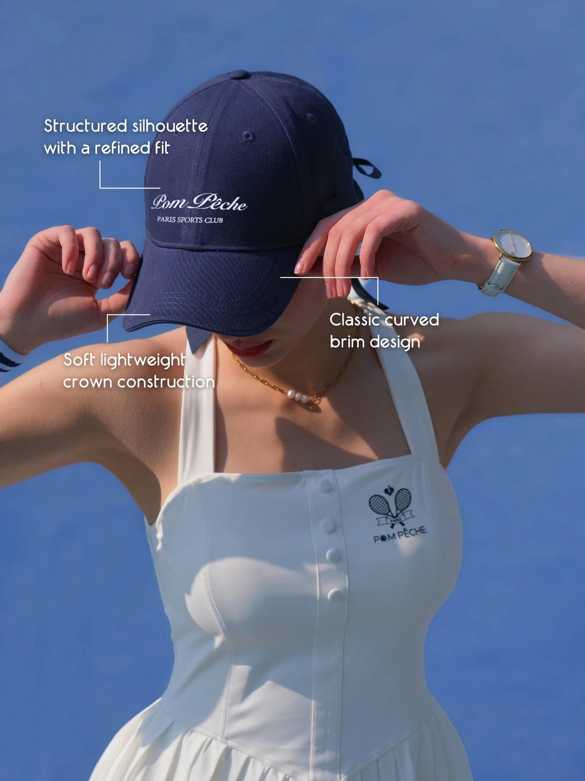 Tennis Ball Cap with Structured Silhouette, Soft Lightweight Crown &amp; Classic Curved Brim – Pom Pêche Classic Club Cap Navy Blue