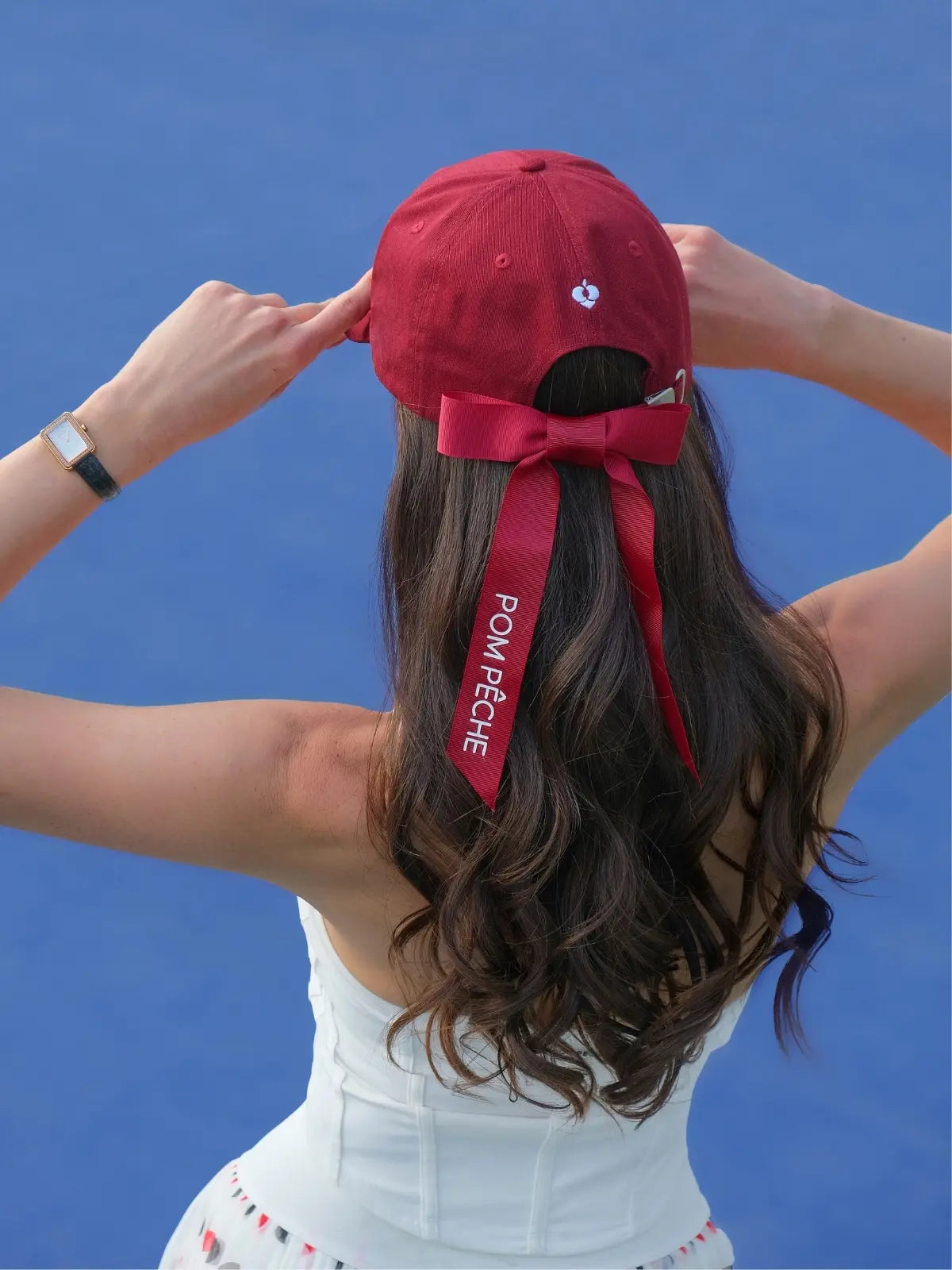 Classic Club Ball Cap Red – Back View with Signature Pom Pêche Ribbon Bow Detail, Women's Tennis Cap