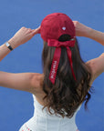 Classic Club Ball Cap Red – Back View with Signature Pom Pêche Ribbon Bow Detail, Women's Tennis Cap
