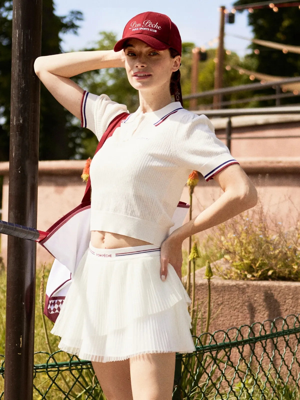 Classic Club Ball Cap in Red – Pom Pêche Paris Sports Club Embroidered Tennis Cap Styled with Court Outfit