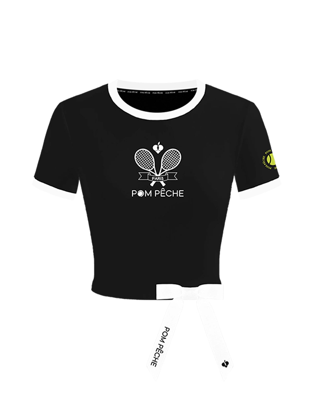Contrast Trim Tennis Tee black flat lay – white contrast collar and cuff trim, Pom Pêche Paris crest logo, tennis ball sleeve badge, removable white ribbon bow