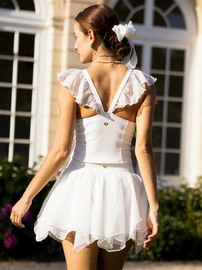 Dopamine V-Neck Performance Tank White back view, featuring breathable mesh lining, sculpted fit, and graceful flutter sleeves for unrestricted movement