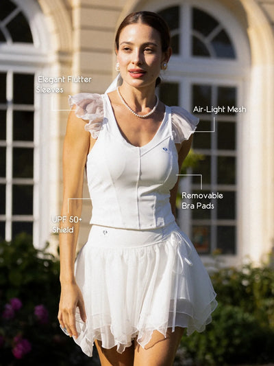 Dopamine V-Neck Performance Tank White detail, showcasing the signature Petal Line silhouette, cool-touch stretch fabric, and elegant French V-neck design