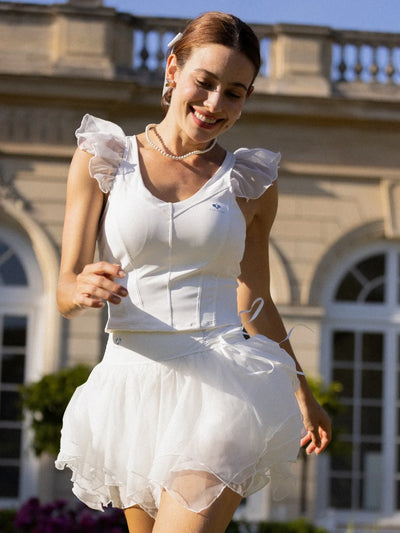 Dopamine V-Neck Performance Tank White, women's tennis top featuring a French-inspired V-neck, built-in padded bra, and flattering feminine fit