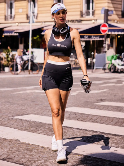 High Slit Contrast Active Shorts Navy in street style, women's athletic shorts with built-in liner, side slit design, and lightweight sporty fit