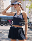 La Rose French Collar Tank Navy detail, showcasing French collar V neckline, premium nylon spandex fabric, Lycra stretch, and elegant tennis top design