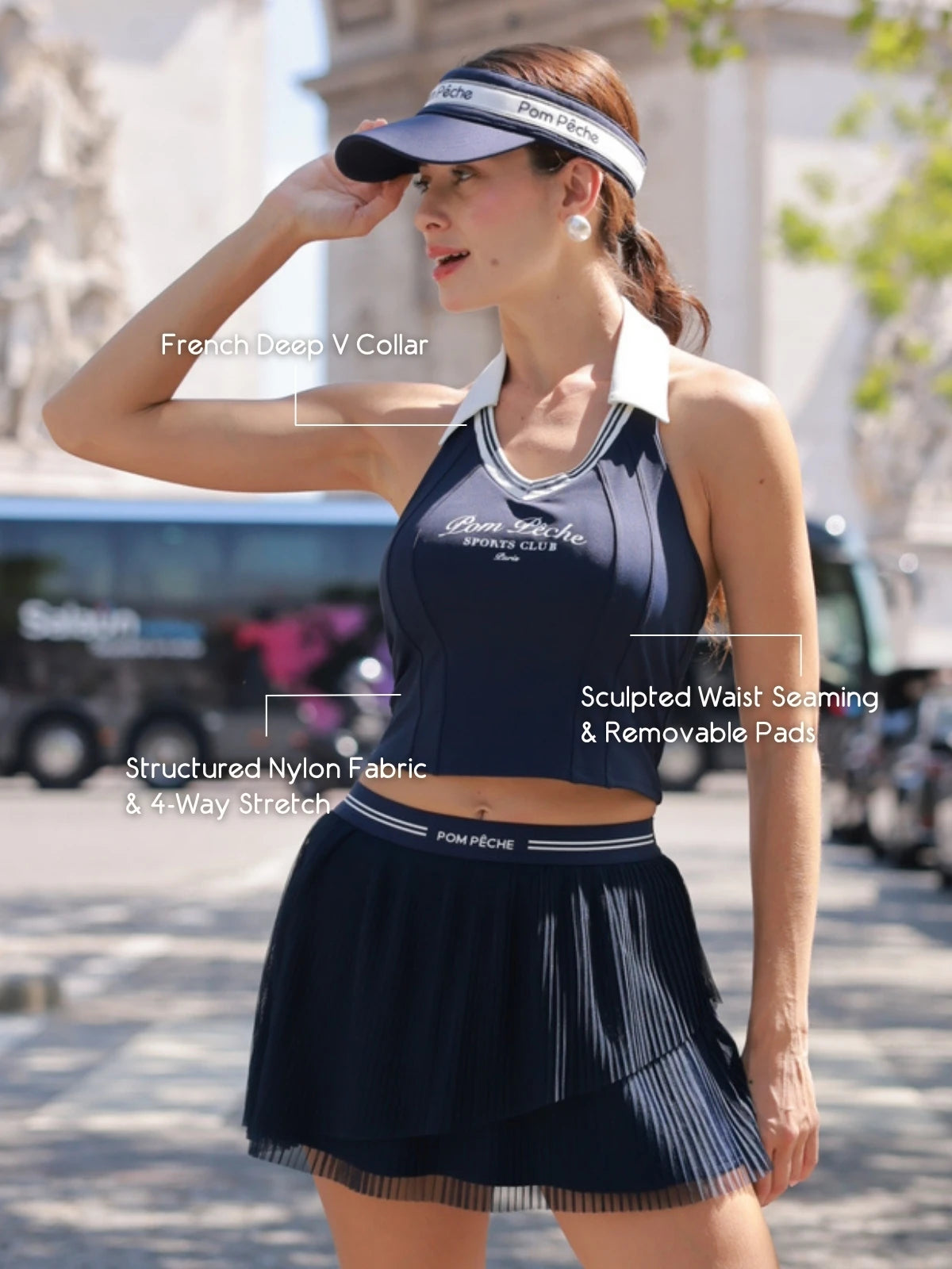 La Rose French Collar Tank Navy detail, showcasing French collar V neckline, premium nylon spandex fabric, Lycra stretch, and elegant tennis top design