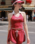 La Rose French Collar Tank Red detail, showcasing French collar V neckline, premium nylon spandex fabric, elegant design, and comfortable stretch fit