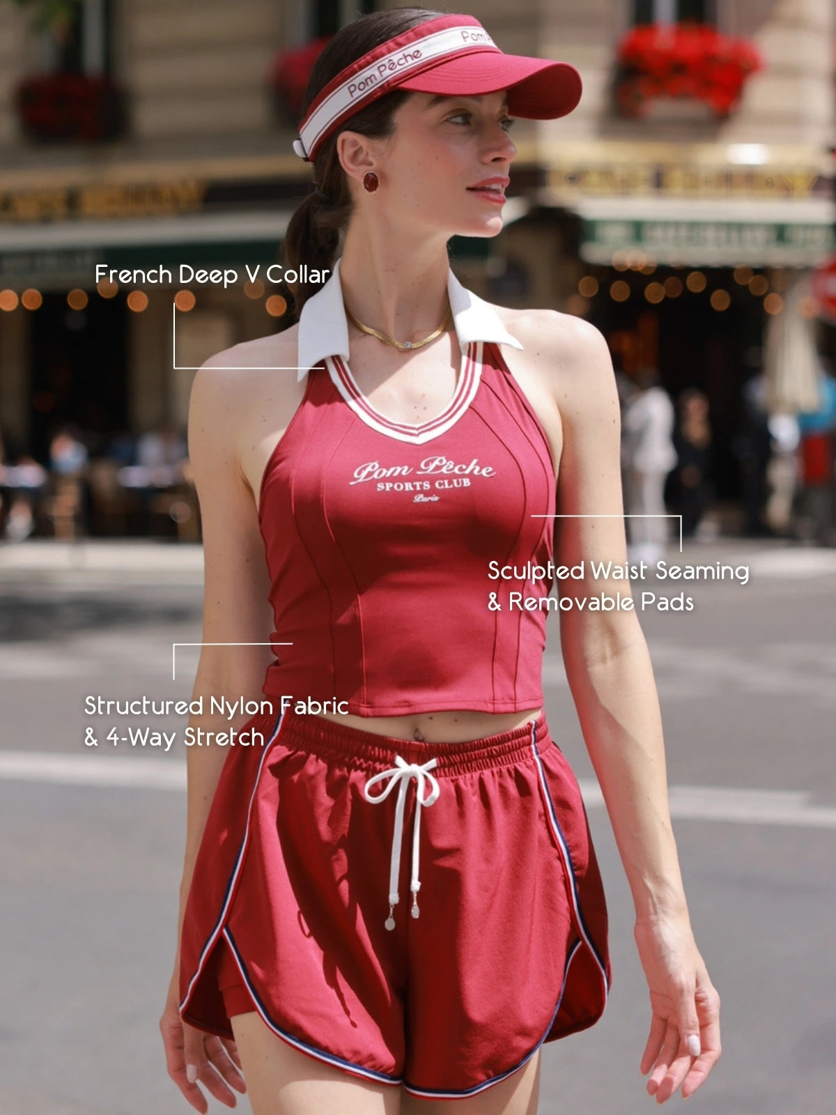 La Rose French Collar Tank Red detail, showcasing French collar V neckline, premium nylon spandex fabric, elegant design, and comfortable stretch fit