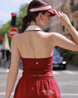 La Rose French Collar Tank Red back view, showcasing open back design, elegant shoulder silhouette, stretchy fabric, and stylish women's tennis top