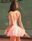 Mesh halter tank and petal tiered tennis skirt set back view, women’s athletic tennis outfit