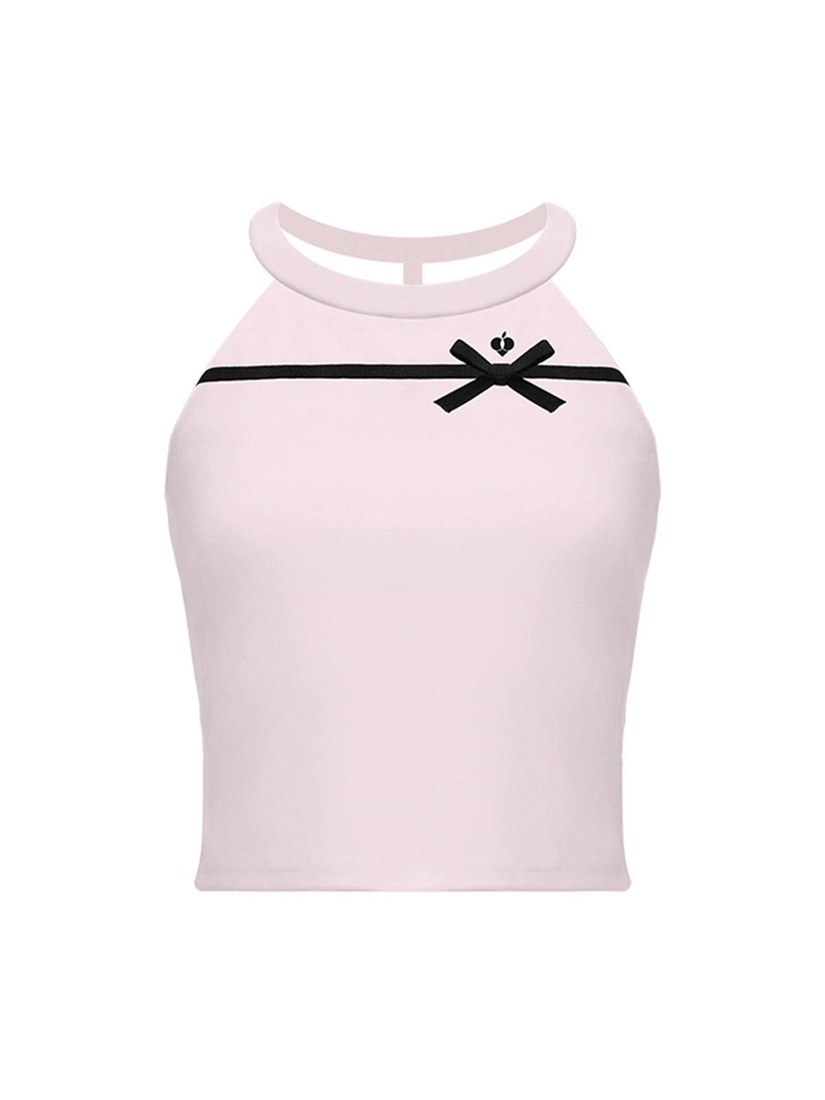 Pink Bow Halter Tennis Top flat lay on white background – halter neckline, contrast black bow ribbon, T-back silhouette