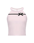 Pink Bow Halter Tennis Top flat lay on white background – halter neckline, contrast black bow ribbon, T-back silhouette